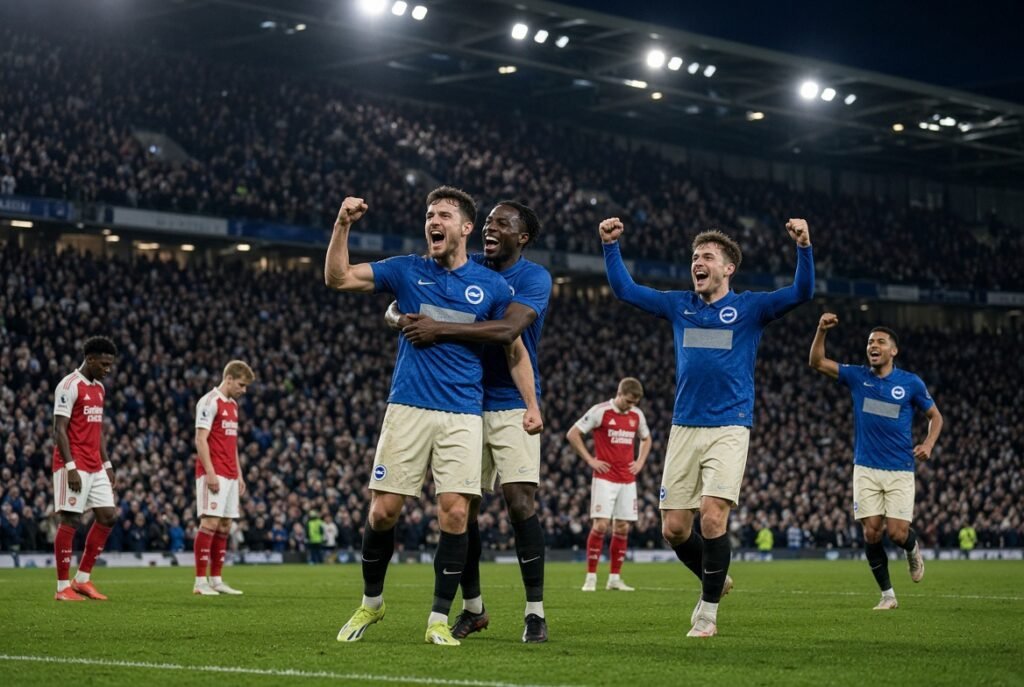 Create a professional, realistic football news featured image for an article titled “Why Brighton Beat Arsenal 3-0”. Show a dramatic Premier League match atmosphere at the Amex Stadium. Feature Brighton players celebrating passionately after scoring, with Arsenal players looking disappointed in the background. Include the Brighton and Arsenal team colours naturally through the players’ kits, but do not use official logos unless necessary. Show a packed stadium, bright floodlights, realistic football action, and an emotional post-match atmosphere. Composition: Brighton players and celebration as the main focus, Arsenal players visibly frustrated in the background. Leave some clean space around the upper or side area for a headline overlay. Style: premium sports journalism, photorealistic, cinematic lighting, realistic faces and body proportions, authentic football stadium atmosphere, sharp details, natural colours, high contrast, professional newspaper/sports website photography. Aspect ratio: 16:9 landscape. Do not include any text, captions, scoreboards, watermarks, fake logos, or AI-generated lettering in the image.