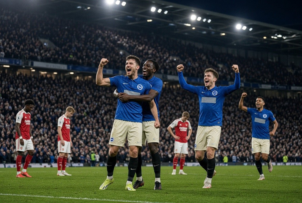 Create a professional, realistic football news featured image for an article titled “Why Brighton Beat Arsenal 3-0”. Show a dramatic Premier League match atmosphere at the Amex Stadium. Feature Brighton players celebrating passionately after scoring, with Arsenal players looking disappointed in the background. Include the Brighton and Arsenal team colours naturally through the players’ kits, but do not use official logos unless necessary. Show a packed stadium, bright floodlights, realistic football action, and an emotional post-match atmosphere. Composition: Brighton players and celebration as the main focus, Arsenal players visibly frustrated in the background. Leave some clean space around the upper or side area for a headline overlay. Style: premium sports journalism, photorealistic, cinematic lighting, realistic faces and body proportions, authentic football stadium atmosphere, sharp details, natural colours, high contrast, professional newspaper/sports website photography. Aspect ratio: 16:9 landscape. Do not include any text, captions, scoreboards, watermarks, fake logos, or AI-generated lettering in the image.